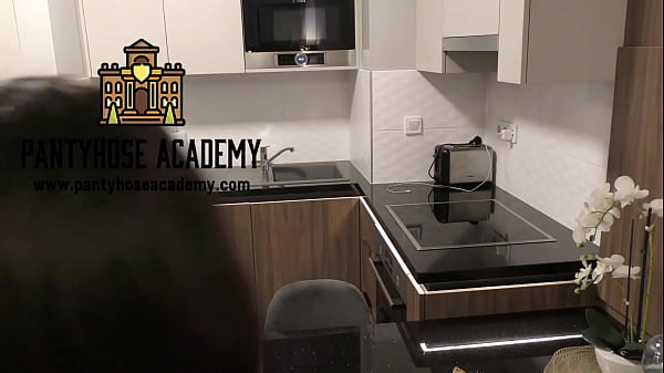 Hot Sexy Blonde Petite Girl in Black Shiny See Through Pantyhose No Panties in The Kitchen